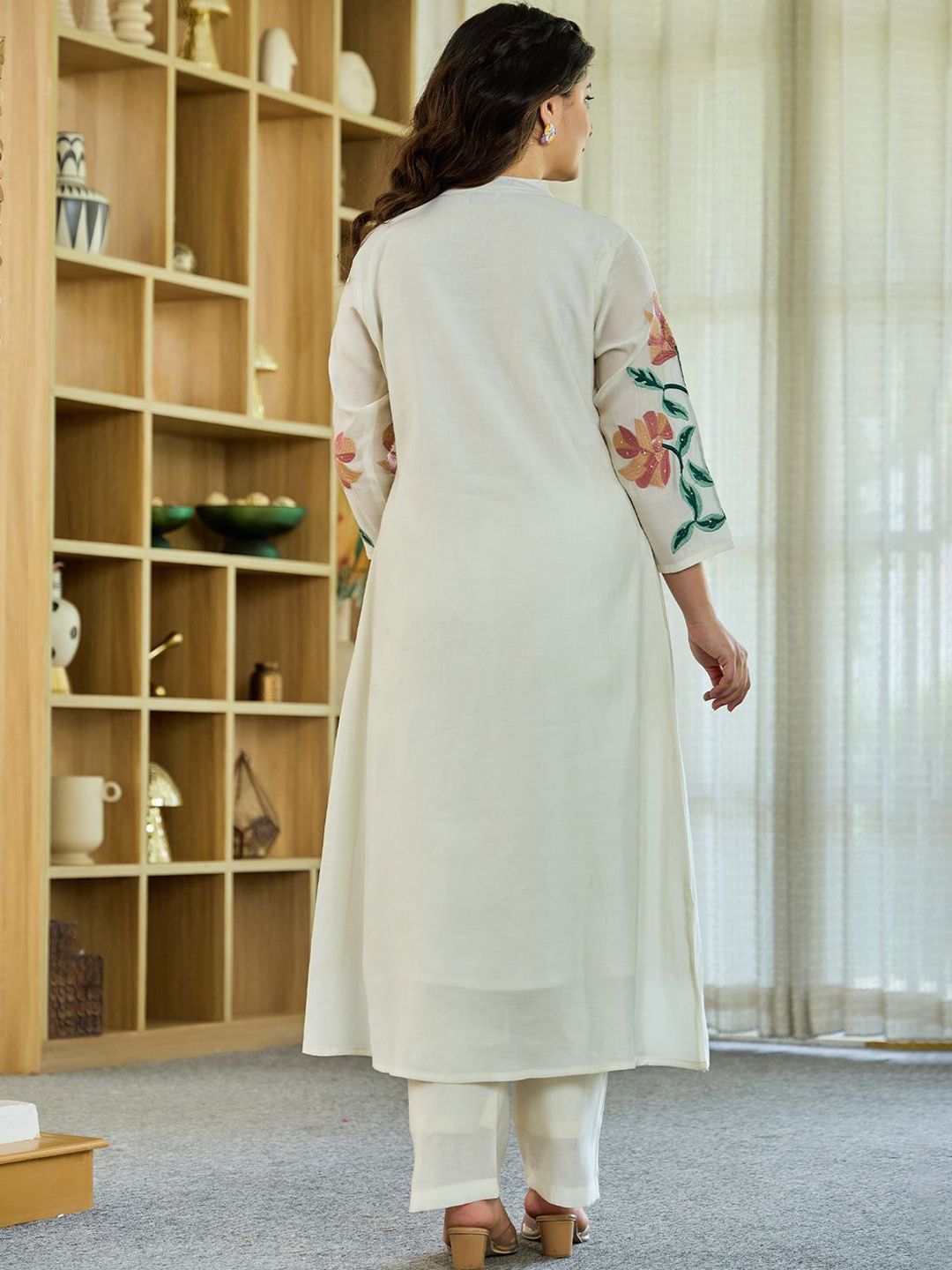 Floral Embroidered Mandarin Collar A Line Pure Cotton Kurta Wwith Trousers