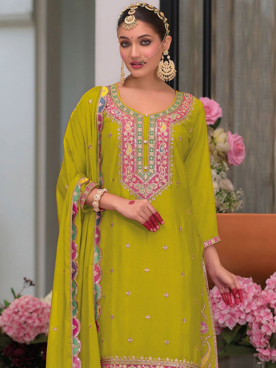 Dhiyona IE Embroidered Sequinned Kurta With Palazzos & Dupatta