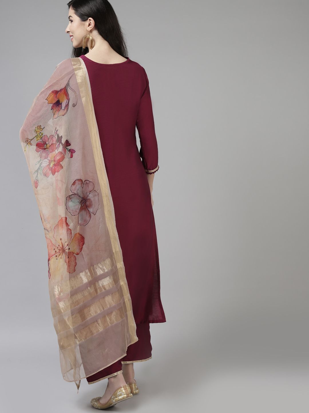 Burgundy & Gold Striped Yoke Thread Work Liva Straight Kurta Trousers & Dupatta