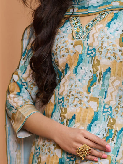 Dhiyona WP Abstract Printed V-Neck Beads & Stones Straight Kurta With Trousers & Dupatta