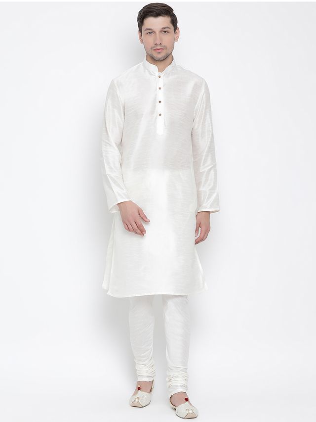 Men's Cream Silk Blend Straight Kurta Pyjama Set