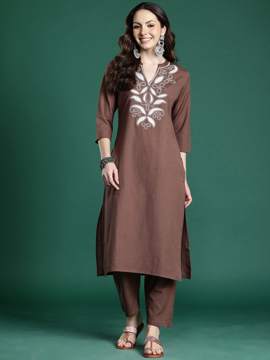 Dhiyona IE Floral Embroidered Pure Cotton Kurta with Trousers