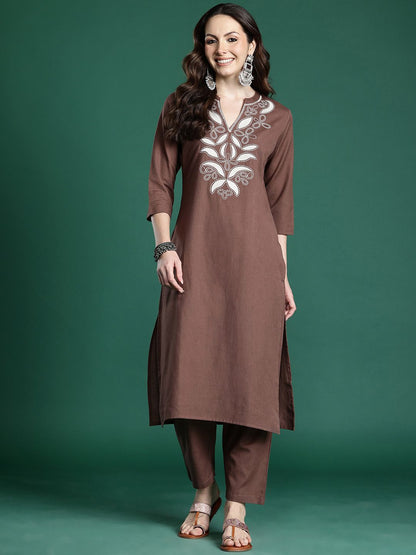 Dhiyona IE Floral Embroidered Pure Cotton Kurta with Trousers