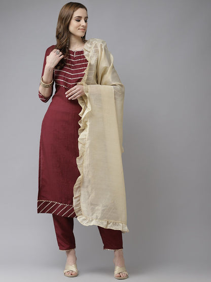 Dhiyona IE Maroon & Gold Yoke Design Gotta Patti Straight Kurta with Trousers & With Dupatta