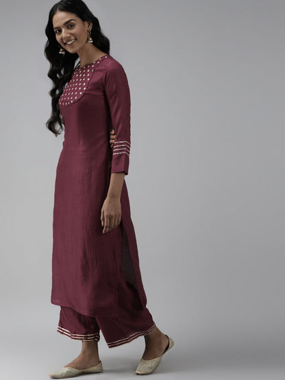 Dhiyona IE Women Maroon Yoke Design Regular Mirror Work Kurta with Palazzos