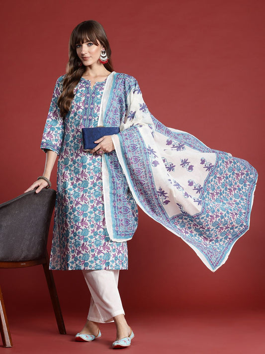 Dhiyona IE Floral Printed Pure Cotton Kurta with Trousers & With Dupatta