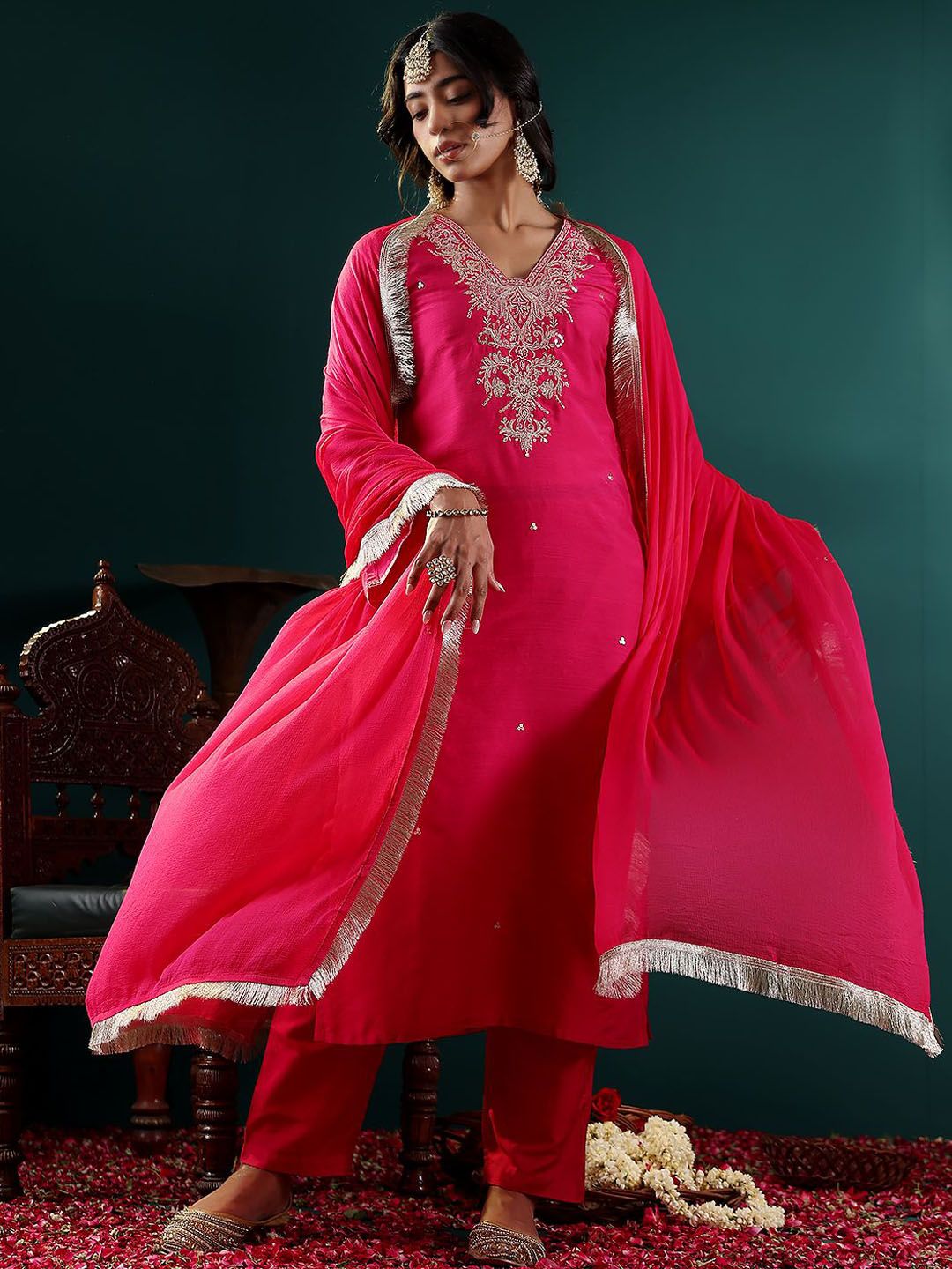 Dhiyona VA Women's Floral Embroidered Regular Kurta with Trousers & With Dupatta