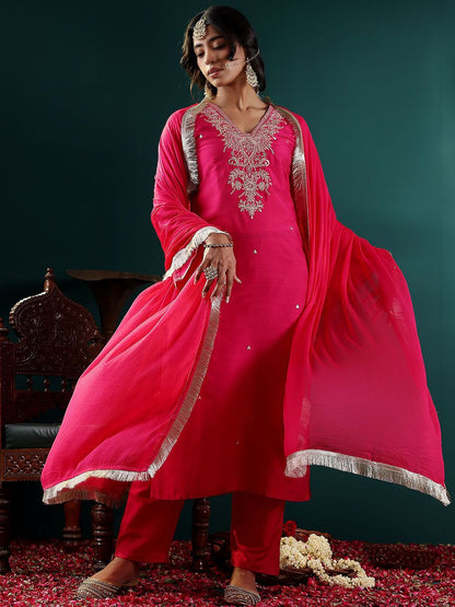 Dhiyona VA Women's Floral Embroidered Regular Kurta with Trousers & With Dupatta
