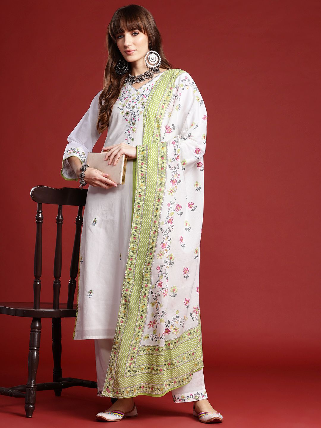 Floral Embroidered Thread Work Kurta with Trousers & With Dupatta
