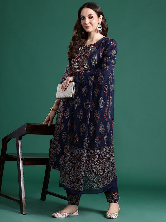 Dhiyona IE Ethnic Motifs Printed Panelled Mirror Work Pure Cotton Kurta Set