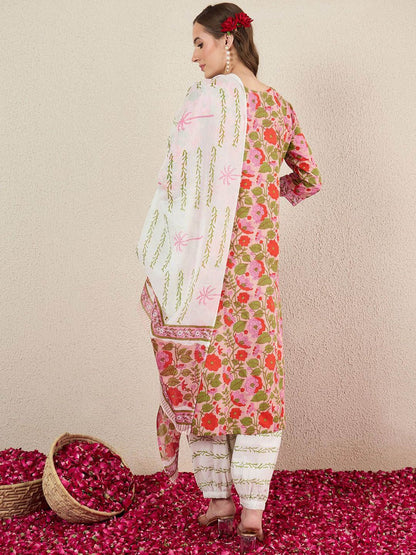Dhiyona IE Floral Printed Pure Cotton V-Neck A-Line Kurta With Salwar And Dupatta