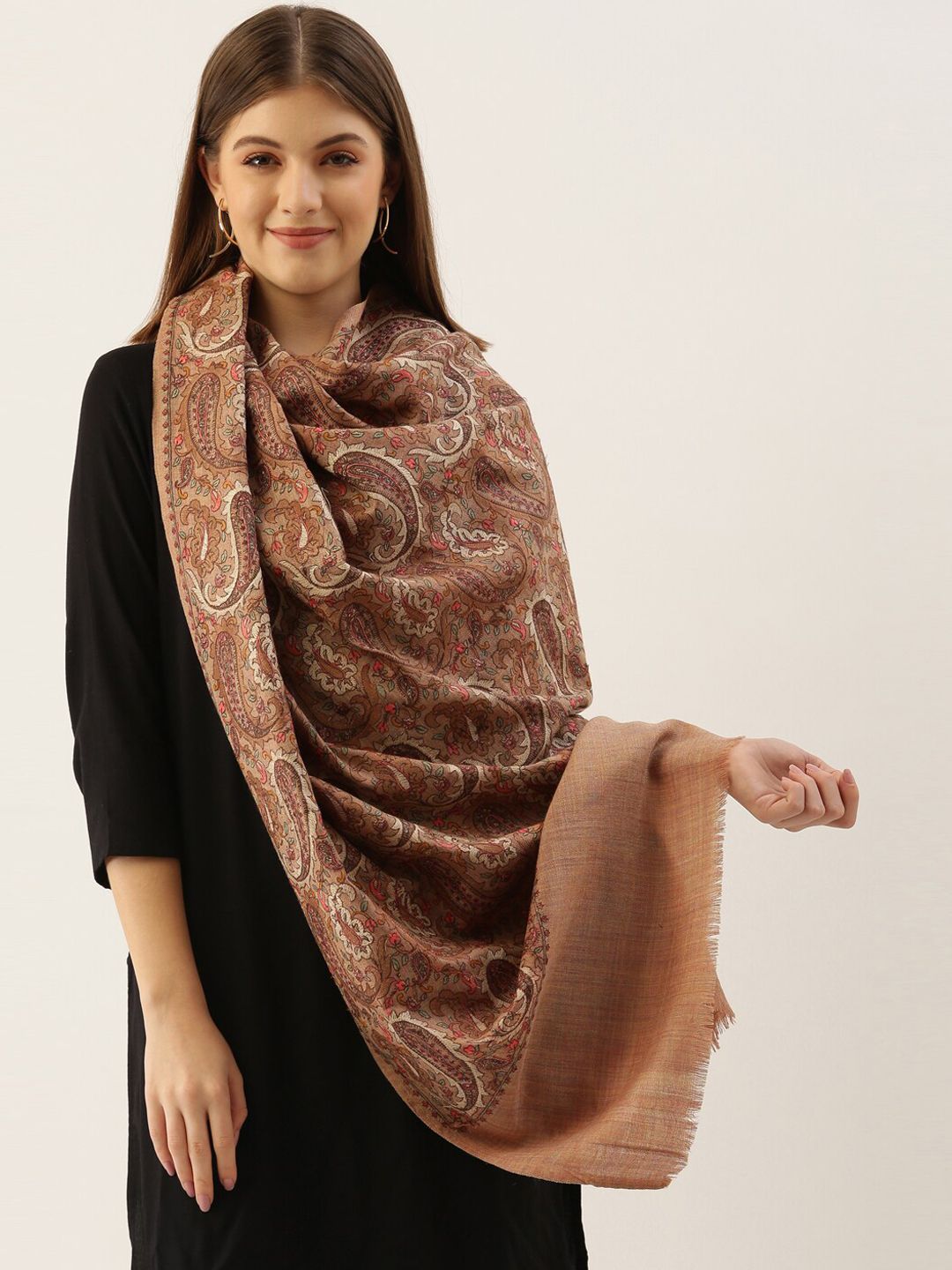 Dhiyona PA Women Beige & Brown Embroidered Woolen Shawl