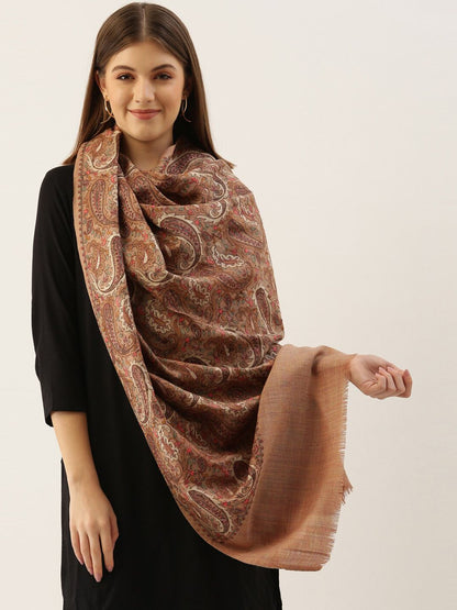 Dhiyona PA Women Beige & Brown Embroidered Woolen Shawl