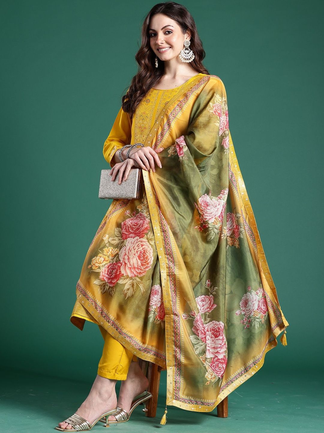 Woven Design Round Neck Straight Kurta With Trouser & Dupatta