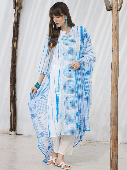 Women Geometric Dyed Cotton Kurta with Trouser & Dupatta