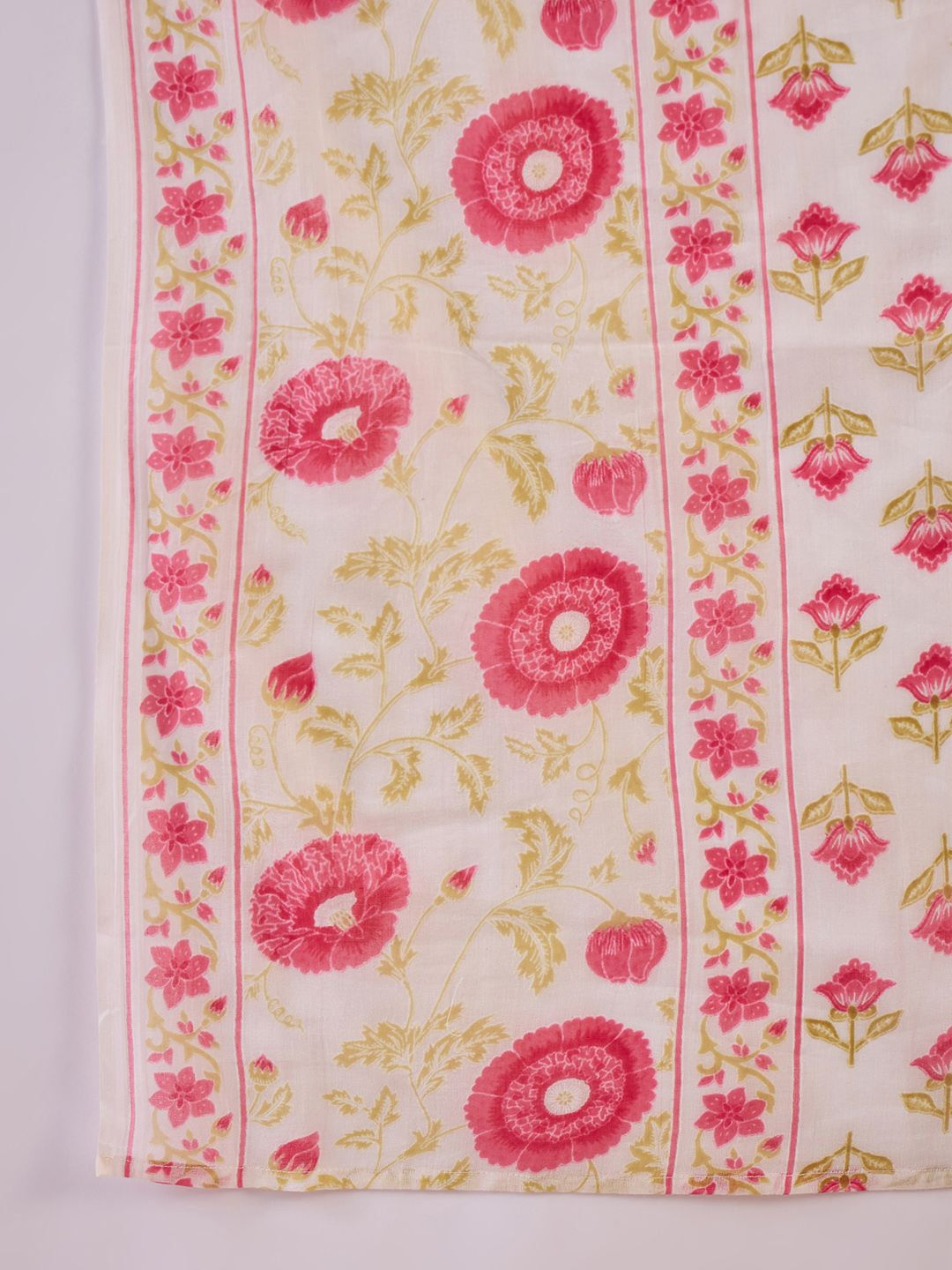 Floral Embroidered Mandarin Collar Pure Cotton Kurta With Trousers & Dupatta