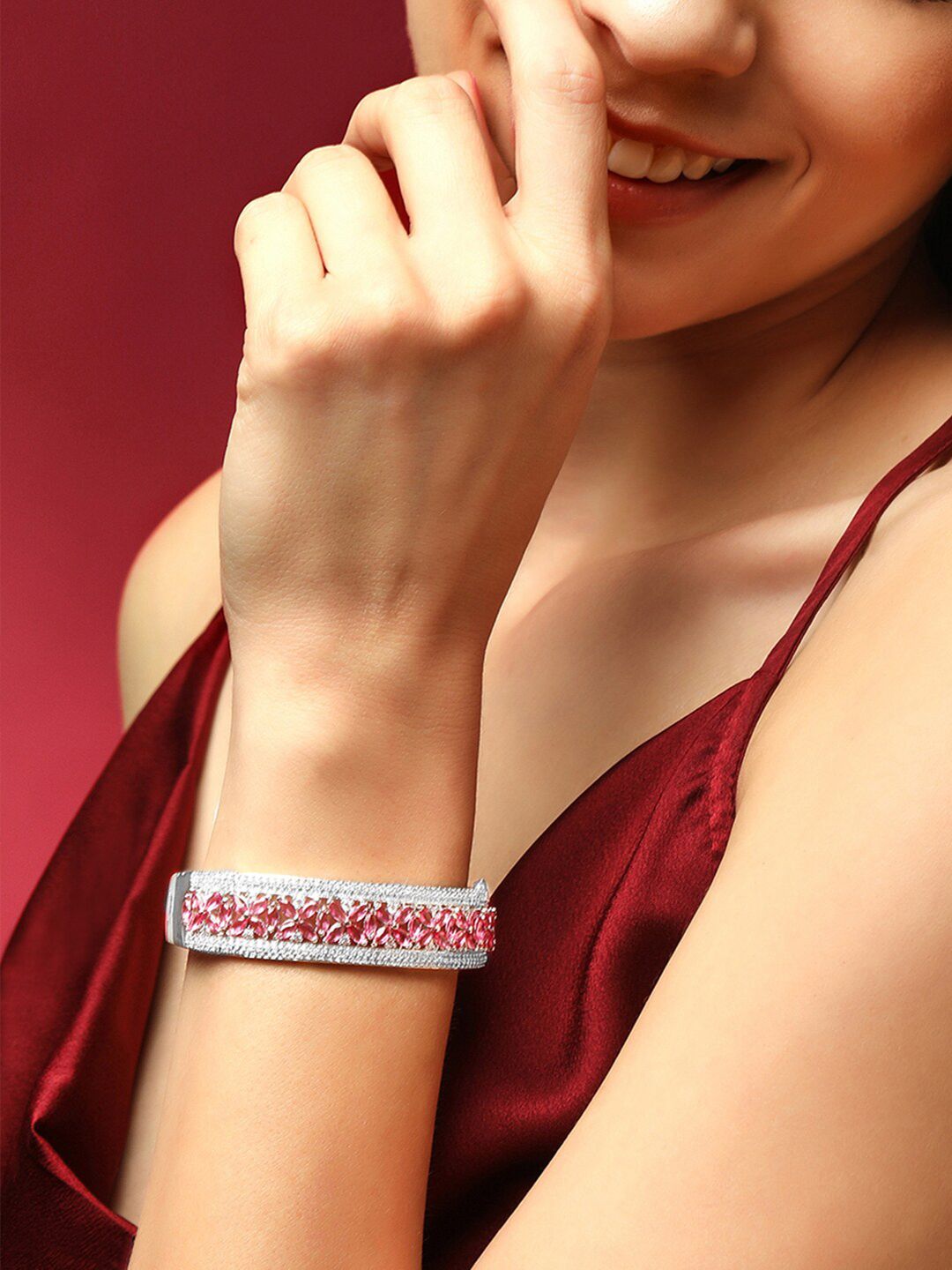 Dhiyona RJ Women's Silver-Plated Ruby Pink & Cubic Zicronia Studded Bangle-Style Bracelet