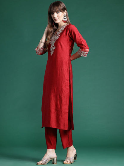 Dhiyona IE Ethnic Motifs Embroidered Regular Liva Kurta With Trousers & Dupatta