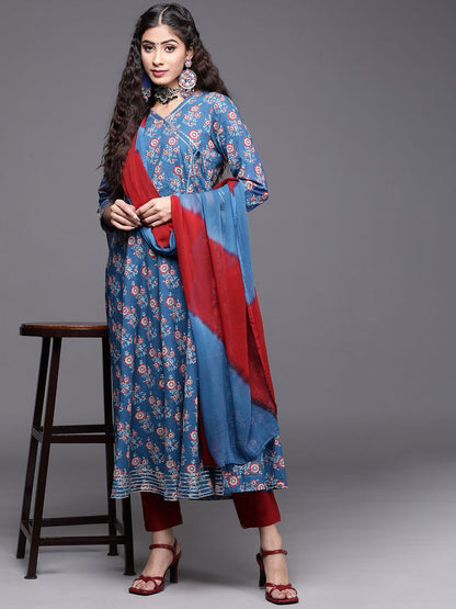 Dhiyona VA Women's Blue Ethnic Motifs Printed Angrakha Gotta Patti Kurta with Trousers & With Dupatta
