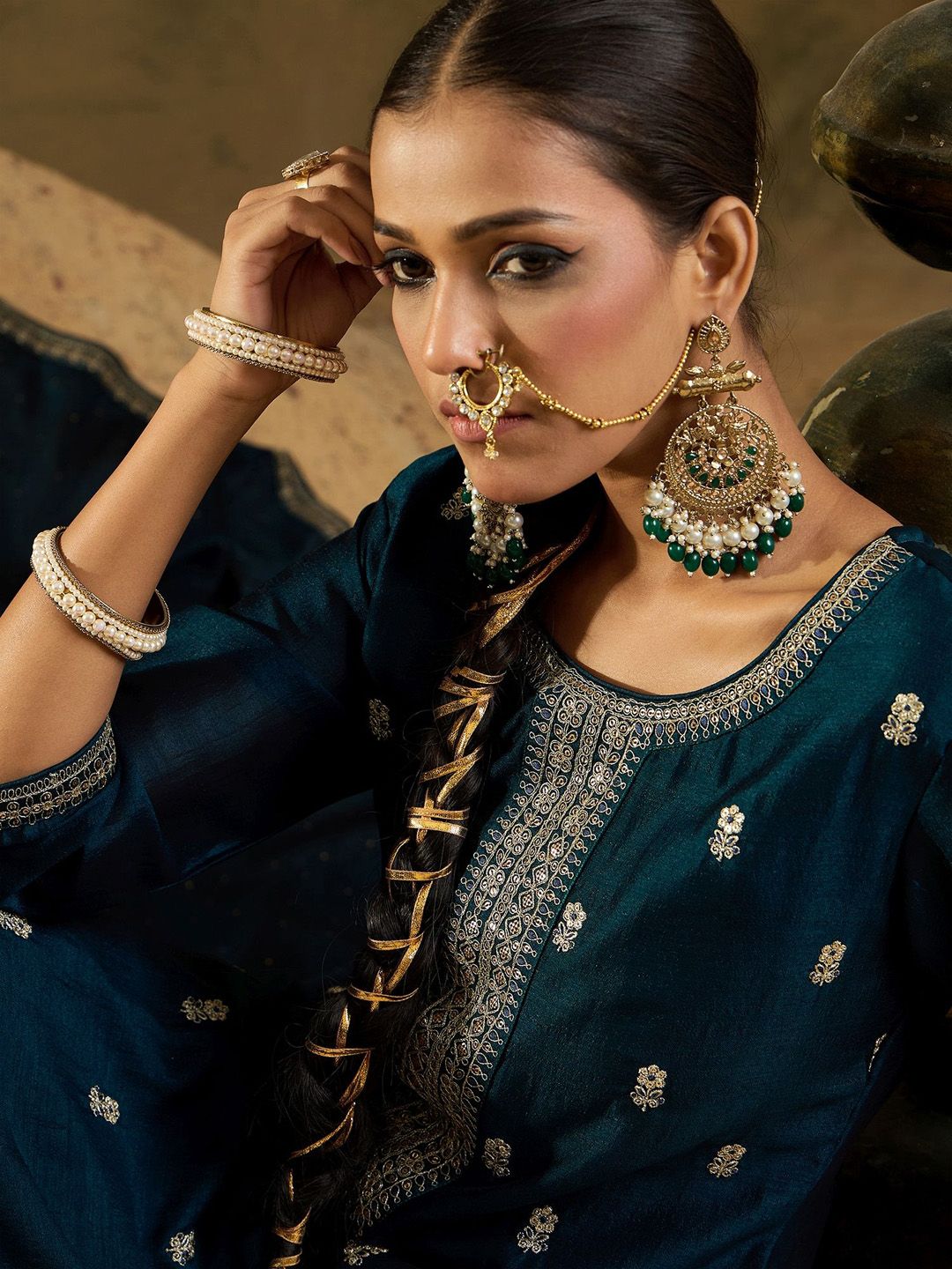 Dhiyona IE Women Embroidered Regular Sequinned Kurta with Trousers & With Dupatta