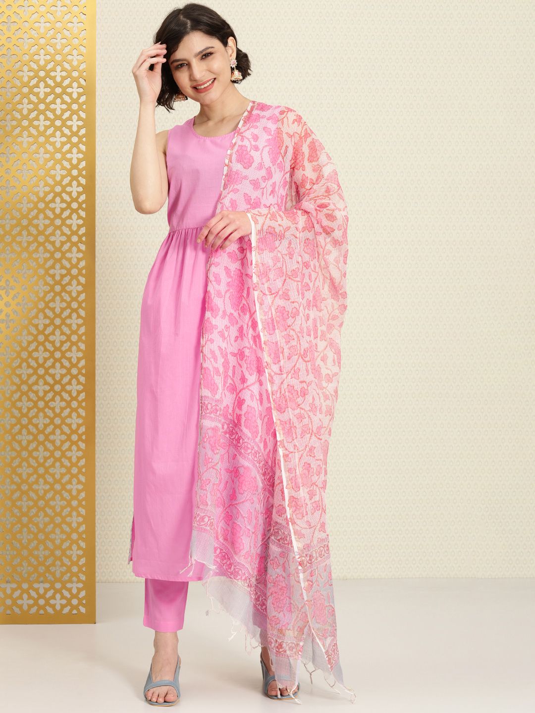 Dhiyona PD Women Women Pink Pleated Pure Cotton Rozana Kurta Set