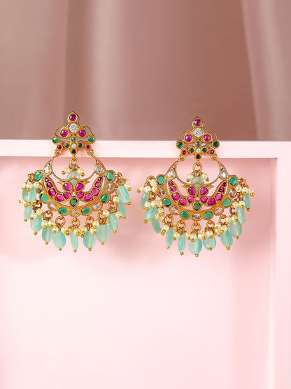 Dhiyona RJ Women's 22K Gold-Plated Ruby & Emerald Stone Studded Mint Green Beaded Chandbali Earrings