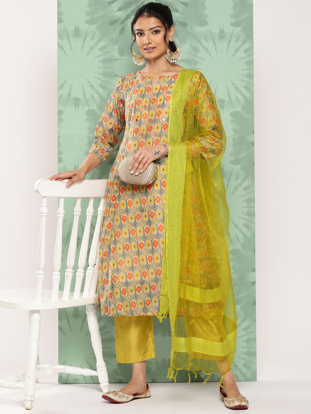 Dhiyona VA Women's Ethnic Motifs Printed Panelled Kurta with Trousers & With Dupatta