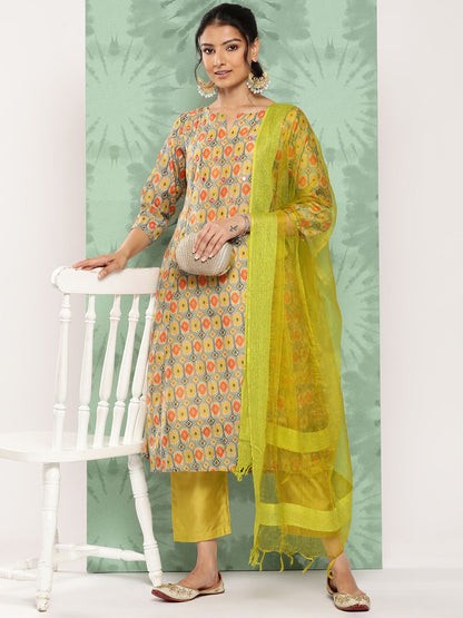 Dhiyona VA Women's Ethnic Motifs Printed Panelled Kurta with Trousers & With Dupatta