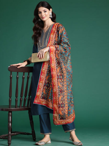 Ethnic Motifs Embroidered Sequinned Liva Kurta With Trousers & Dupatta