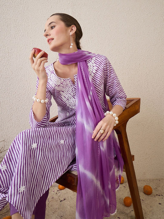 Dhiyona IE Floral Embroidered Round Neck Pure Cotton Straight Kurta With Trousers & Dupatta