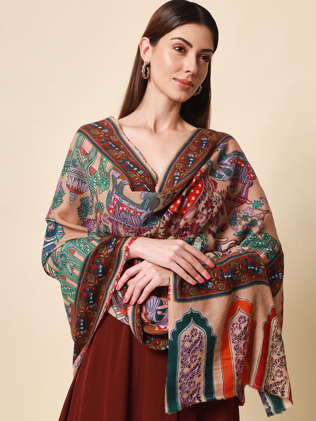 Dhiyona PA Women Beige Embroidered Pure Wool Shawl