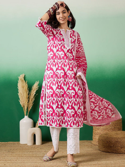 Dhiyona SN Women's Notch Neck Printed Pure Cotton Kurta With Trousers & Dupatta