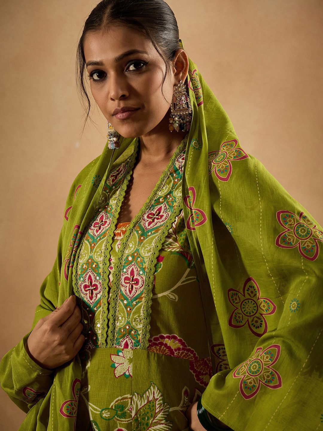 Dhiyona IE Floral Printed Empire Pure Cotton Anarkali Kurta With Trouser & Dupatta