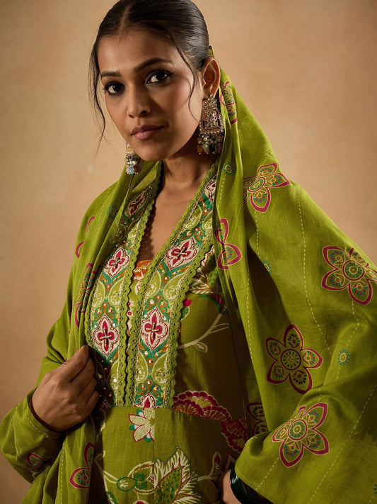 Dhiyona IE Floral Printed Empire Pure Cotton Anarkali Kurta With Trouser & Dupatta
