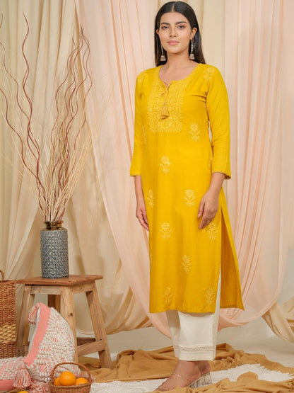 Dhiyona OD  Floral Embroidered Tie-Up Neck Straight Kurta