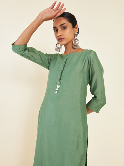 Dhiyona SO Women's Green Regular Straight Chanderi Silk Kurta With Trousers