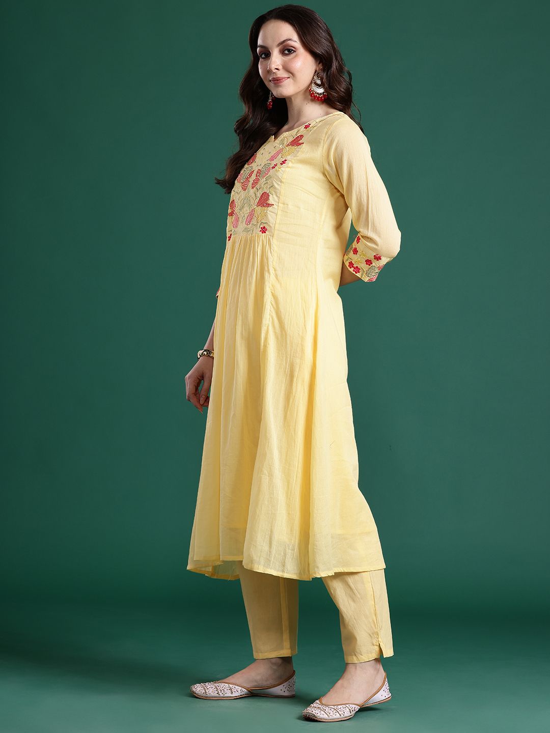 Floral Embroidered Pure Cotton Kurta with Trousers & Dupatta
