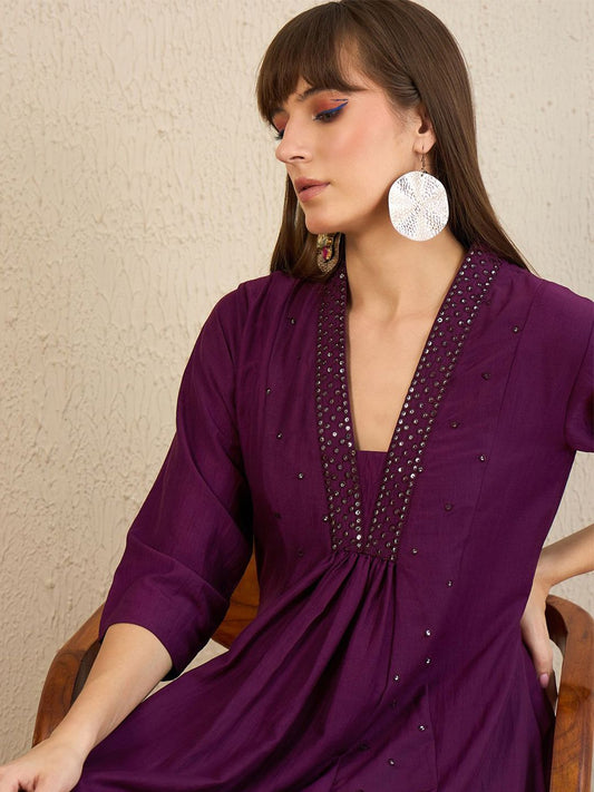 Embroidered Panelled Sequinned A-Line Kurta with Trousers