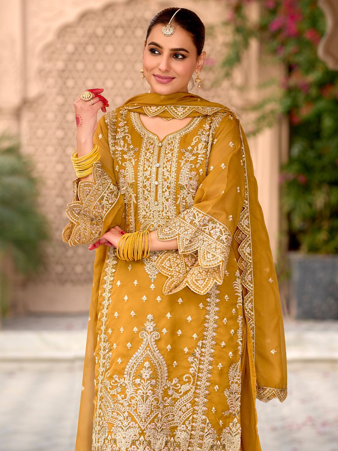 Dhiyona IE Floral Embroidered Zari Organza Kurta With Trousers And Dupatta