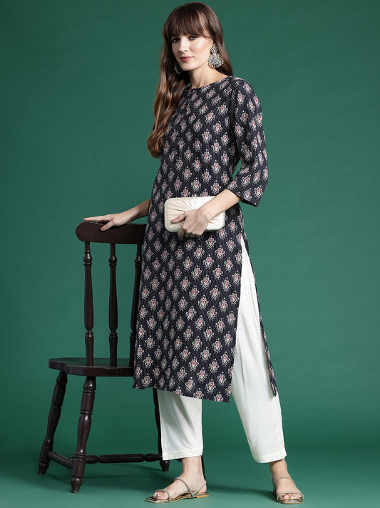 Dhiyona IE Ethnic Motifs Printed Kantha Work Pure Cotton Kurta