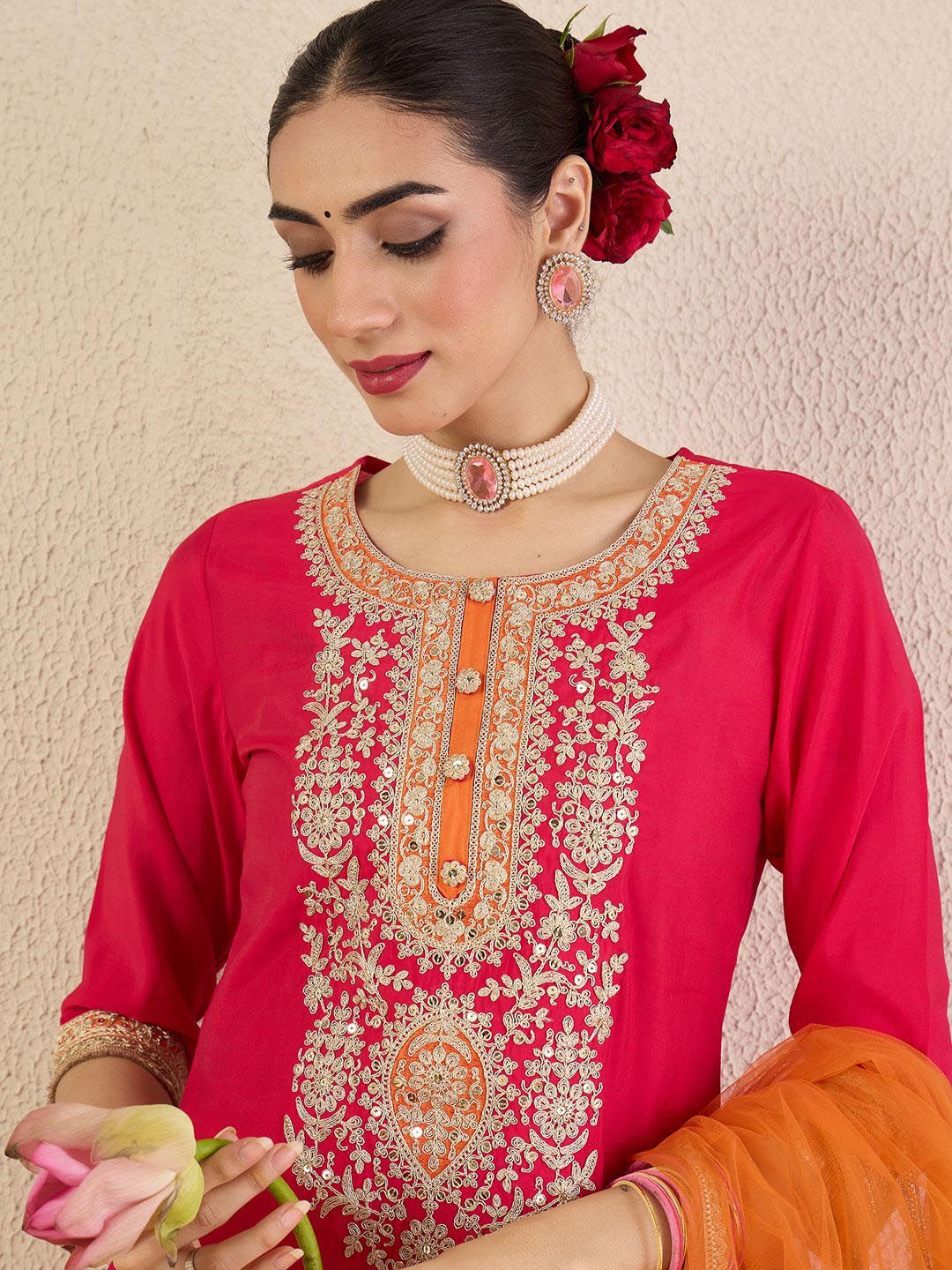 Ethnic Motifs Embroidered Sequinned Straight Kurta With Trousers & Dupatta