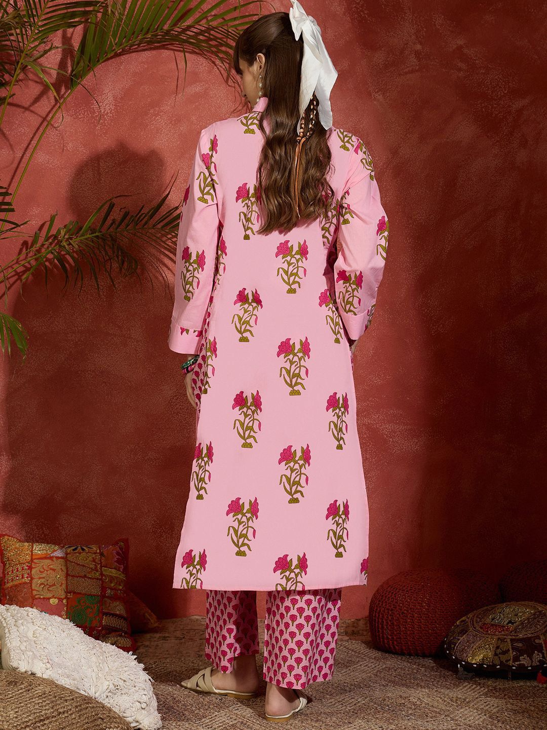 Floral Printed Shirt Collar Pure Cotton Straight Kurta With Palazzos