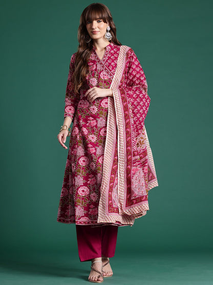 Dhiyona IE Floral Printed Angrakha Pure Cotton Kurta with Trousers & With Dupatta