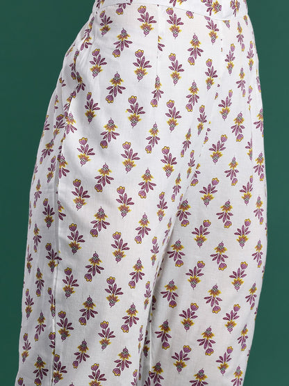 Dhiyona IE Floral Printed Pleated Pure Cotton Kurta with Trousers & Dupatta