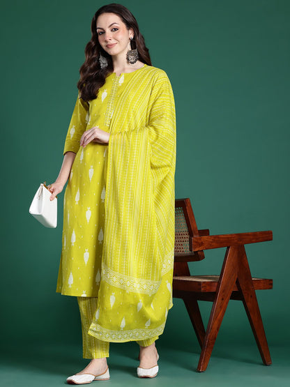 Dhiyona IE Geometric Printed Sequinned Pure Cotton Kurta with Trousers & Dupatta