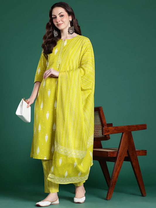 Dhiyona IE Geometric Printed Sequinned Pure Cotton Kurta with Trousers & Dupatta