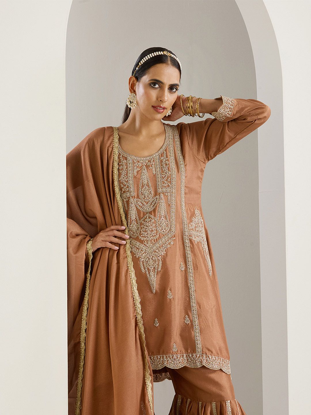 Dhiyona IS Women's Ethnic Motifs Embroidered Regular Thread Work Straight Kurta with Sharara & Dupatta