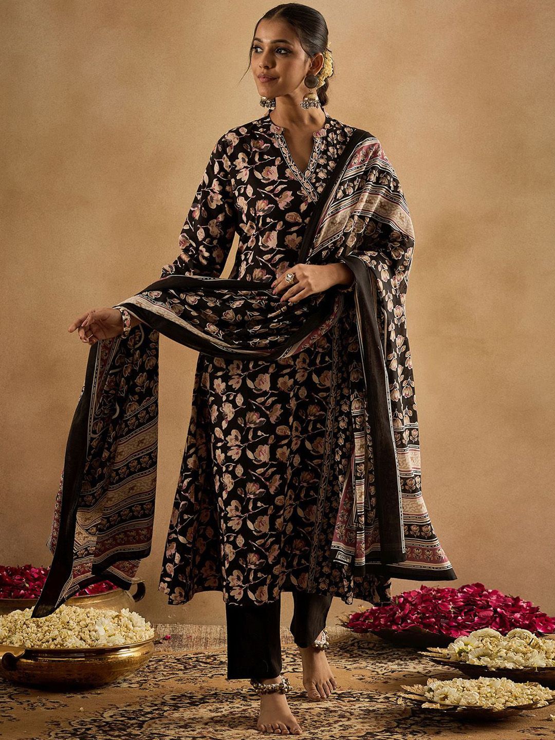 Dhiyona IE Floral Printed Angrakha Pure Cotton A-Line Kurta With Trousers & Dupatta