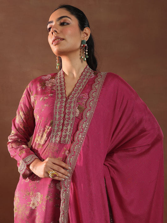 Dhiyona LB Women's Floral Printed V-Neck Thread Work Kurta With Trousers & Dupatta
