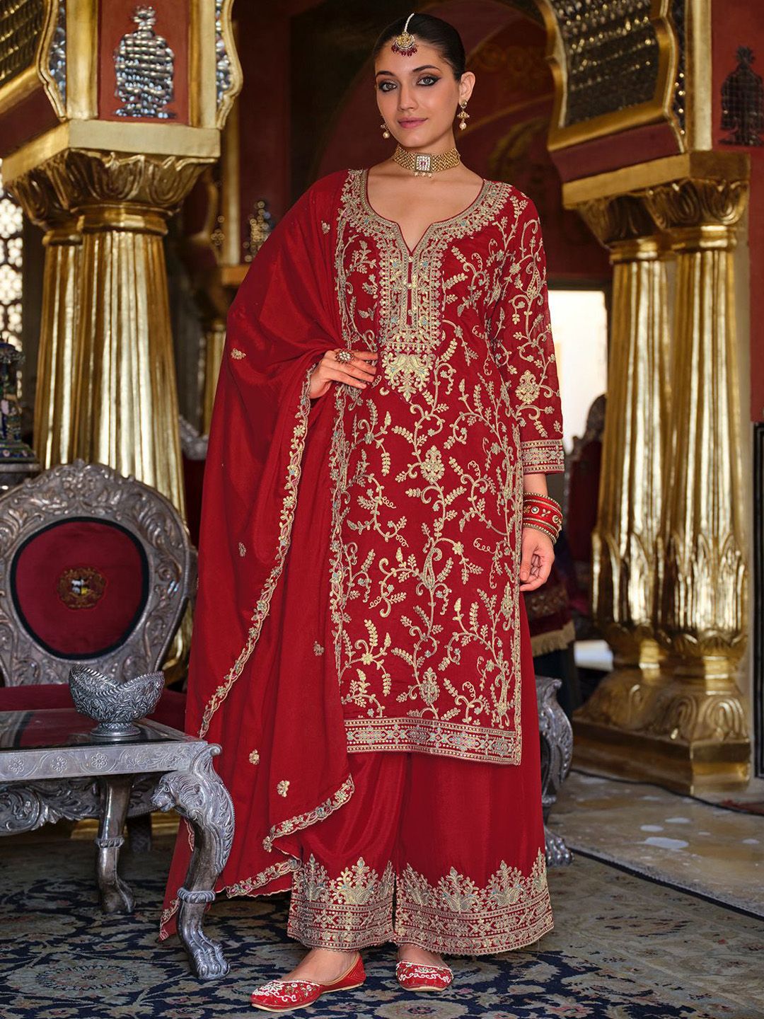Ethnic Motifs Embroidered Sequinned Kurta with Palazzos & Dupatta